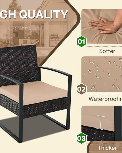 3 Pieces Patio Furniture Set, Outdoor Patio Set, Patio Bistro Set, All-Weather Wicker Conversation Set with Cushions Table for Porch Backyard (Black-Brown) - LeafyLoom