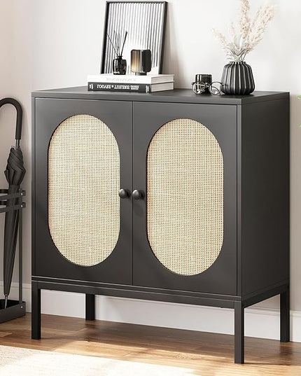 GAOMON Sideboard Buffet Cabinet, Rattan Storage Cabinet, Wood Accent Cabinet with Door and Shelf, Console Cabinet with Storage, Sideboard Cabinet for Hallway, Entryway, Living Room (Black) - LeafyLoom
