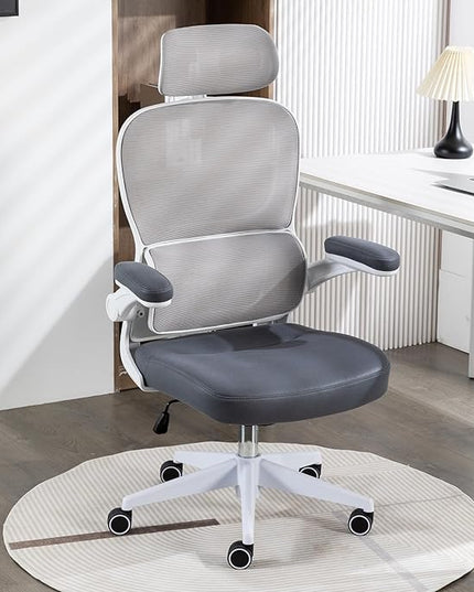 Home Office Chair High Back Computer Desk Chair Ergonomic Task Chair Executive Chair with Lumbar Support Recliner Chair with Adjustable Headrest,Flip-up Armrests (White/Gray with Nylon Base) - LeafyLoom