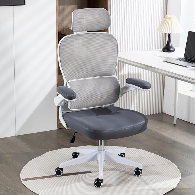 Home Office Chair High Back Computer Desk Chair Ergonomic Task Chair Executive Chair with Lumbar Support Recliner Chair with Adjustable Headrest,Flip-up Armrests (White/Gray with Nylon Base) - LeafyLoom