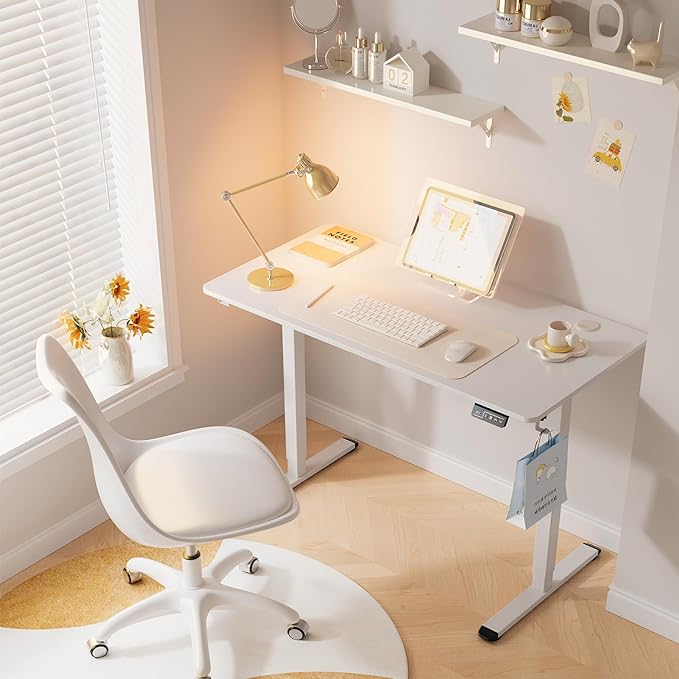 MOUNTUP Height Adjustable Electric Standing Desk Whole-Piece, 48 x 24 Inches Quick Assembly Sit Stand Desk, Stand Up Desk with Memory Controller, Ergonomic Desk, White - LeafyLoom