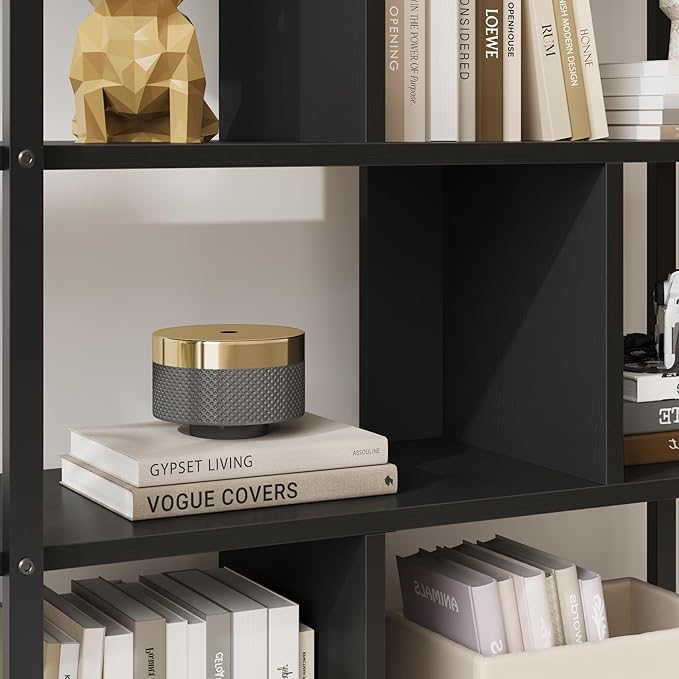 GAOMON 5 Tier Rattan Bookshelf with Storage Cabinet & Door, 71.1 Inch Tall Industrial Book Shelf with Open Display Shelves, 5 Shelf Bookcase with Metal Frame for Living Room, Bedroom -Black - LeafyLoom