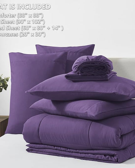 CozyLux Queen Size Comforter Set - 7 Pieces Bed in a Bag Set Purple, Bedding Sets Queen with All Season Quilted Comforter, Flat Sheet, Fitted Sheet, Pillowcases, Purple, Queen - LeafyLoom