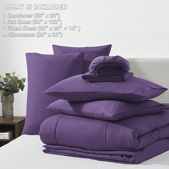 CozyLux Queen Size Comforter Set - 7 Pieces Bed in a Bag Set Purple, Bedding Sets Queen with All Season Quilted Comforter, Flat Sheet, Fitted Sheet, Pillowcases, Purple, Queen - LeafyLoom