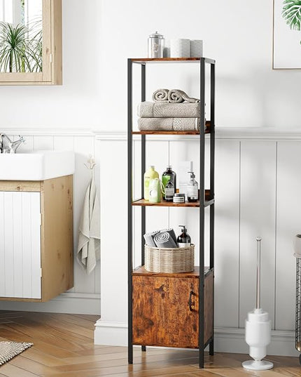 Furologee 5-Tier Bookshelf, Narrow Shelf with Storage Cabinet for Bedroom, Metal and Wood Shelf, Industrial Freestanding Display Tall Shelf for Living Room, Home Office, Bathroom, Rustic Brown - LeafyLoom