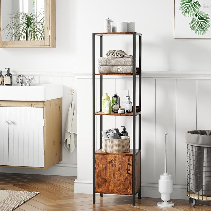 Furologee 5-Tier Bookshelf, Narrow Shelf with Storage Cabinet for Bedroom, Metal and Wood Shelf, Industrial Freestanding Display Tall Shelf for Living Room, Home Office, Bathroom, Rustic Brown - LeafyLoom