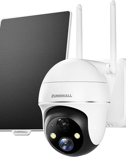 ZUMIMALL Solar Security Cameras Wireless Outdoor, 360° View Outdoor Camera Wireless Solar Powered,2.4G WiFi，2K/3MP Color Night Vision,2-Way Talk, PIR Motion Alert, Cloud Storage, Work with Alexa ZUMIMALL