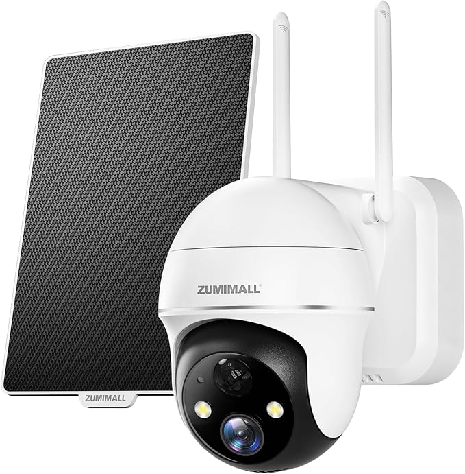 ZUMIMALL Solar Security Cameras Wireless Outdoor, 360° View Outdoor Camera Wireless Solar Powered,2.4G WiFi，2K/3MP Color Night Vision,2-Way Talk, PIR Motion Alert, Cloud Storage, Work with Alexa ZUMIMALL