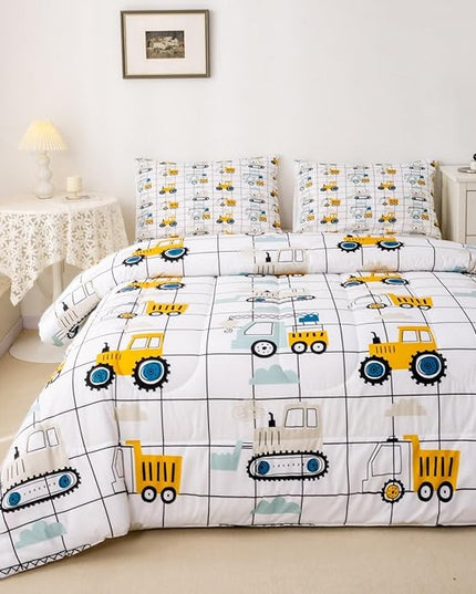 Feelyou Construction Truck Comforter Set King Size Kids Machinery Truck Excavators Vehicles Comforter for Boys Teens Cartoon Tractor Bedding Set Excavator Tractor Plaid Grid White Duvet Set Quilt Set - LeafyLoom