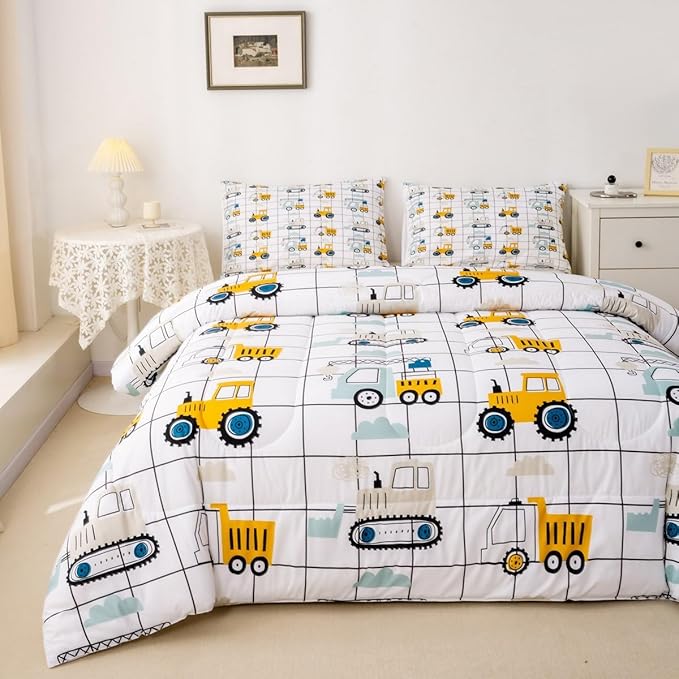 Feelyou Construction Truck Comforter Set Twin Size Kids Machinery Truck Excavators Vehicles Comforter for Boys Teens Cartoon Tractor Bedding Set Excavator Tractor Plaid Grid White Duvet Set Quilt Set - LeafyLoom