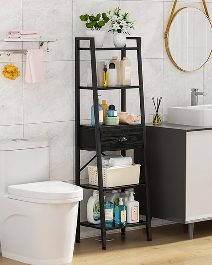 Furologee 5 Tier BookShelf, Ladder Shelf with Drawer, Tall Bookcase Corner Shelf, Narrow Shelf Industrial Display Standing Units for Home Office, Living Room, Bedroom, Kitchen, Black Oak - LeafyLoom