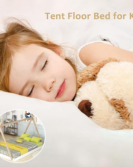 Bellemave Full Size Tent Floor Bed Frame with Triangle Structure, Teepee Bed Platform Bed for Kids,Montessori Floor Bed for Girls Boys(Full,White+Natural) - LeafyLoom