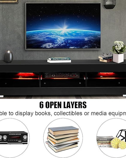 HOMMPA LED TV Stand with LED Lights for 65 inch TV Modern Entertainment Center with Storage 57" Black TV Console with Glass Shelves for Living Room 15" Tall - LeafyLoom