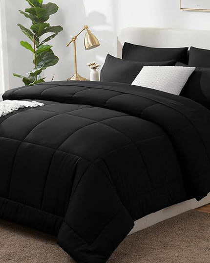 CozyLux King Size Comforter Set - 7 Pieces Bed in a Bag Set Black, King Bedding Set with All Season Quilted Comforter, Flat Sheet, Fitted Sheet, Pillowcases - LeafyLoom