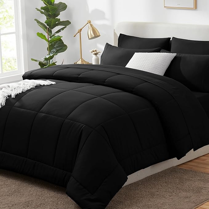CozyLux California King Size Comforter Sets - 7 Pieces Bed in a Bag Set Black, Bedding Sets Cal King with All Season Quilted Comforter, Flat Sheet, Fitted Sheet, Pillowcases, Black - LeafyLoom