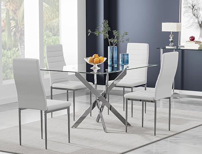 Tempered Glass Dining Table with Chromed Legs, 47in Rectangular Kitchen Table for Kitchen Dining Room Home Office (47.24 * 27.55, White/Silver) - LeafyLoom