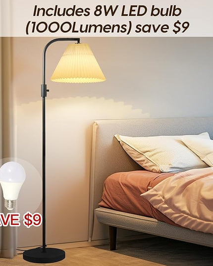 COFF Dimmable Floor Lamp, Arc Standing Lamp with 1000 Lumens LED Edison Bulb Included, Pleated Shade Modern Tall Pole Lamp for Living room, Bedroom, Office (White) - LeafyLoom