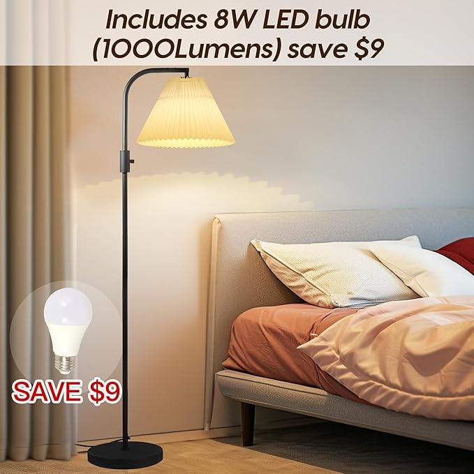 COFF Dimmable Floor Lamp, Arc Standing Lamp with 1000 Lumens LED Edison Bulb Included, Pleated Shade Modern Tall Pole Lamp for Living room, Bedroom, Office (White) - LeafyLoom