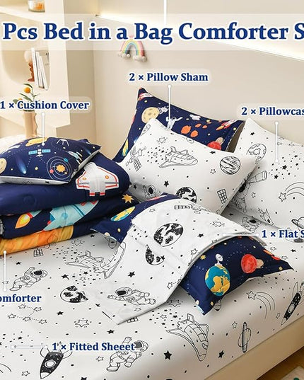 8 Piece Kid Comforter Set Twin Size Bed in a Bag, Space Rocket Bedding Set for Teen Boys Girls - LeafyLoom