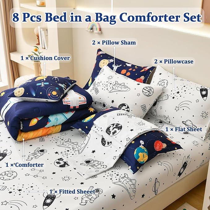 8 Piece Kid Comforter Set Twin Size Bed in a Bag, Space Rocket Bedding Set for Teen Boys Girls - LeafyLoom