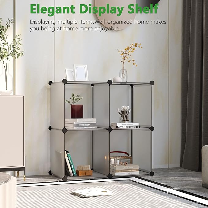 C&AHOME Cube Storage Organizer, 4-Cube Shelves Units, Closet Cabinet, DIY Plastic Modular Book Shelf Ideal for Bedroom, Living Room, Office, 24.8" L x 12.4" W x 24.8" H Grey UPCS04G - LeafyLoom