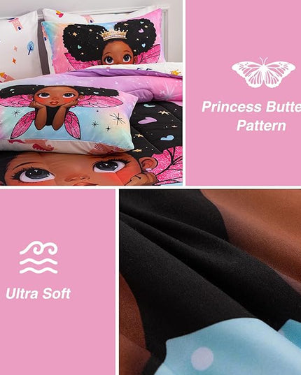 A Nice Night Black Girl Princess with Wings Comforter Set,Pink Gradient Glitter Rainbow Galaxy 6pcs Kids Bedding Set,Twin - LeafyLoom