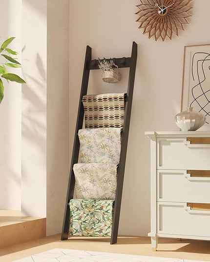 IBUYKE 5-Tier Blanket Ladder Shelf,Ladder Rack for Storage and Decor,Wooden Blanket Holder with Hooks,Easy Assembly for Bedroom,Rustic Brown TTR006B - LeafyLoom