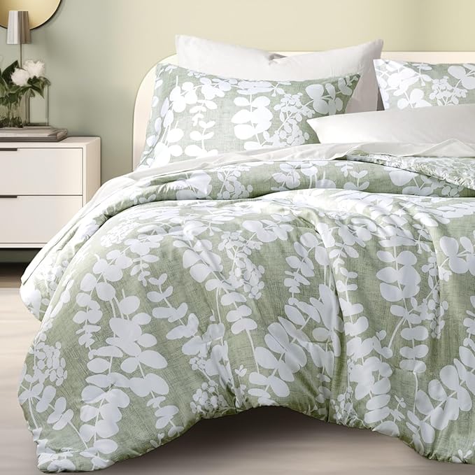 Codi Sage Green Comforter Set King Size, Floral Bedding Sets for Women | Nature Botanical Style, Unique Reversible Design, Better for Spring and Summer | Leaf Print 3 Pieces - LeafyLoom