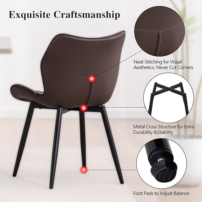 YOUNIKE Dining Chairs Set of 2, Upholstered Leather Dining Room Chairs, Modern Kitchen Chairs Living Room Bedroom Side Chairs with Wide Curved Back and Adjustable Metal Legs, Espresso Brown - LeafyLoom