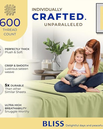 THREAD SPREAD 100% Egyptian Cotton Sheets Twin - 600 Thread Count Sheets Twin, 3 PC Deep Pocket Twin Sheets, Soft, Cooling Sateen Weave Extra Long Twin Sheets for Dorm, 16 in Deep Pocket - Sage Green - LeafyLoom
