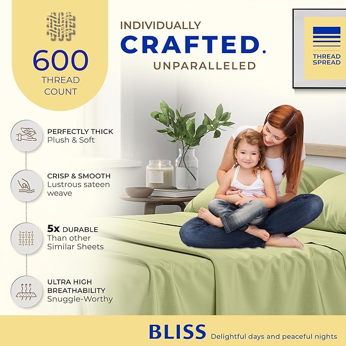 THREAD SPREAD Luxury Egyptian Cotton Sheets King Size - 600 Thread Count Sheets King 4 PC Luxury Sheets King Size, 16" Deep Pocket, Soft, Cooling Sateen Weave Hotel Luxury Bed Sheets Set - Sage Green - LeafyLoom