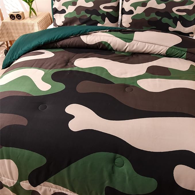 Meeting Story Camouflage Bedding Set, Green Camouflage Comforter Set, 3 PCS One Comforter and Two Pillowases, All Season Soft Bedspread for Teens Adults (Green, Full) - LeafyLoom