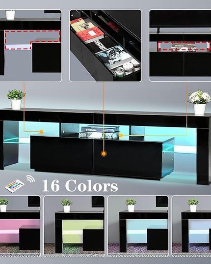 Black TV Stand, 60 65 70 75 inch Wood TV Stand, High Glossy Entertainment Center with Large Drawers＆Glass Display Shelf, LED Modern Media Gaming Cabinet TV Console for Livingroom, Bedroom - LeafyLoom