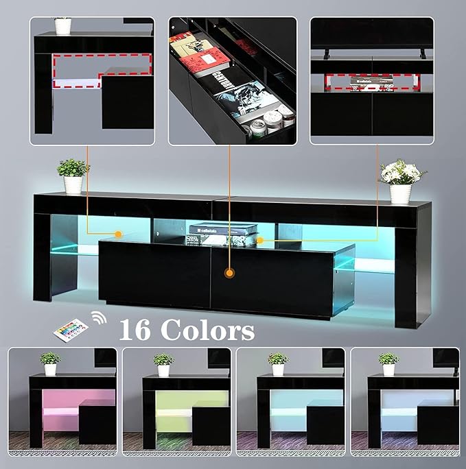 Black TV Stand, 60 65 70 75 inch Wood TV Stand, High Glossy Entertainment Center with Large Drawers＆Glass Display Shelf, LED Modern Media Gaming Cabinet TV Console for Livingroom, Bedroom - LeafyLoom