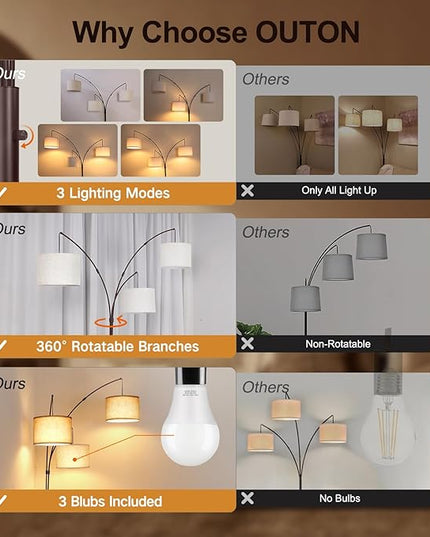 OUTON Tall Arc Floor Lamp - Adjustable, Modern, 3-Light Arched Lamp for Bedroom, Office, and Living Room, 2400lm Mid Century Design with 3 Energy-Efficient LED Bulbs Included, Beige Lampshade - LeafyLoom