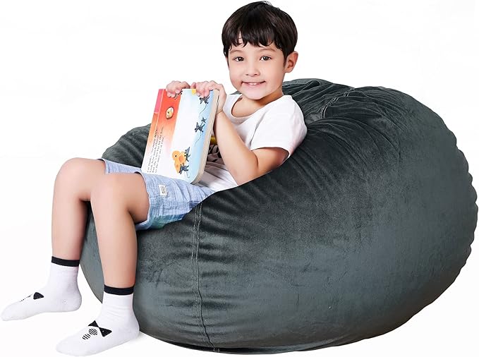 Lukeight Stuffed Animal Storage Bean Bag Chair Cover for Kids, Zipper Beanbag Chair Cover for Organizing Toddler & Kids' Rooms Plush Toys (Dark Gray Velvet, XX-Large) - LeafyLoom