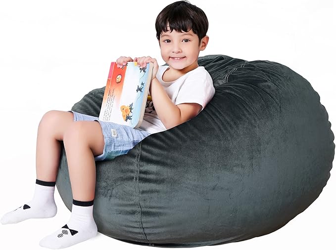Lukeight Stuffed Animal Storage Bean Bag Chair Cover for Kids, Zipper Beanbag Chair Cover for Organizing Toddler & Kids' Rooms Plush Toys (Dark Gray Velvet, Large) - LeafyLoom
