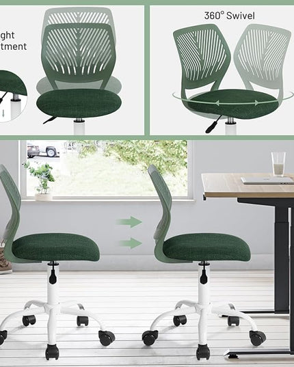 FurnitureR Kids Desk Chair, Home Office Chair Small Armless Cute with Padded Fabric Cushion and Plastic Mid Back Rolling Adjustable Swivel Computer Task Chair for Child Student, Dark Green - LeafyLoom