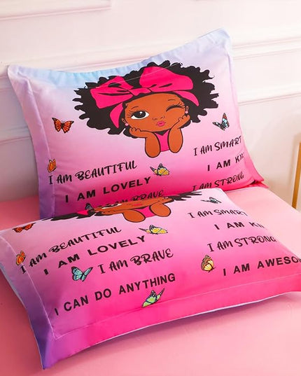 7 Piece Black Girls Magic Comforter Set Twin Size African American Girl Bedding Sets Bed in A Bag for Kids Teens Inspirational Quotes Pink Blue Quilt Room Decor - LeafyLoom