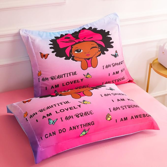 7 Piece Black Girls Magic Comforter Sets Full Size African American Girl Bedding Set Bed in A Bag for Girls Kids Teens Inspirational Quotes Pink Blue Quilts Room Decor - LeafyLoom