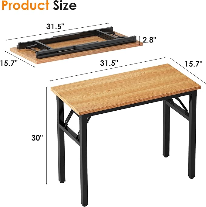 Need Small Computer Desk 31.5 inches Folding Table No Assembly Sturdy Small Writing Desk Folding Desk for Small Spaces, Teak Color Desktop and Black Steel Frame - LeafyLoom