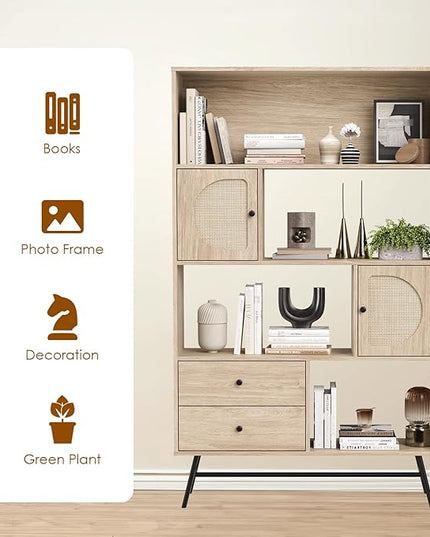Soohow 4 Shelf Bookcase and Bookshelves with Drawer, 65” Tall Bookcases with Storage Shelves, Bookshelves and Bookcases with Rattan Cabinet and Metal Legs for Home Office, Living Room and Bedroom. - LeafyLoom