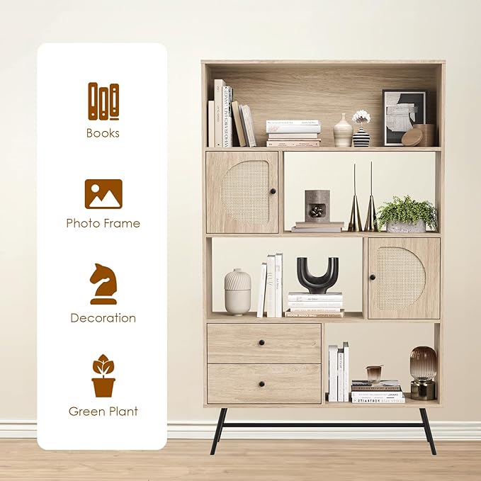 Soohow 4 Shelf Bookcase and Bookshelves with Drawer, 65” Tall Bookcases with Storage Shelves, Bookshelves and Bookcases with Rattan Cabinet and Metal Legs for Home Office, Living Room and Bedroom. - LeafyLoom