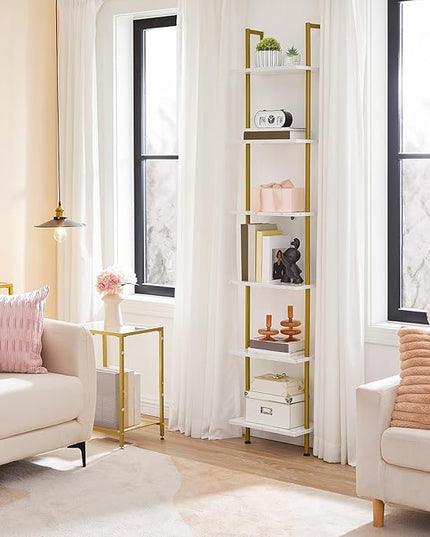 HOOBRO DIY Ladder Shelf, 6-Tier Wooden Wall Mounted Bookshelf, Narrow Gold Bookcase, Display Shelf, Storage Rack, Plant Stand, for Living Room, Bedroom, Study, Balcony, Marble and Gold DM651CJ01 - LeafyLoom