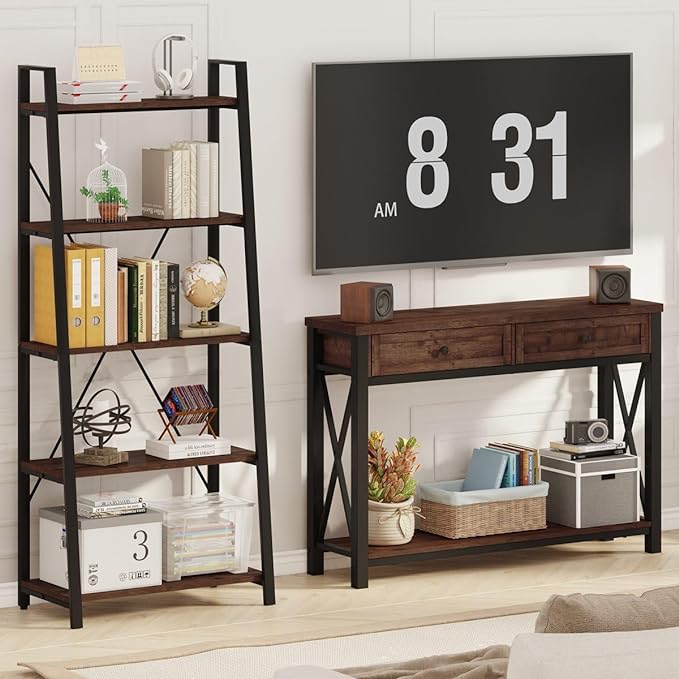 BON AUGURE Console Table with 2 Drawers, Entryway Table with Storage, Sofa Table Behind Couch for Living Room, Farmhouse Entry Table for Hallway, Foyer, Front Door (Rustic Oak, 47 Inch) - LeafyLoom