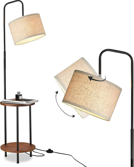 ELYONA Modern Floor Lamp with End Table, Rubber Wood Bedside Table Lamp with Adjustable Drum Shade, Rustic Tall Pole Shelf Reading Standing Light for Farmhouse Bedroom, Living Room, Office - Walnut - LeafyLoom