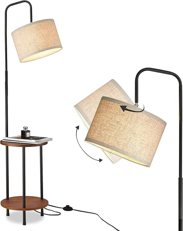 ELYONA Modern Floor Lamp with End Table, Rubber Wood Bedside Table Lamp with Adjustable Drum Shade, Rustic Tall Pole Shelf Reading Standing Light for Farmhouse Bedroom, Living Room, Office - Walnut - LeafyLoom