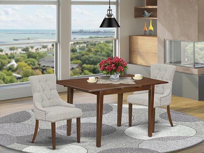 East West Furniture Picasso 3 Piece Set Contains a Rectangle Dining Room Table with Butterfly Leaf and 2 Doeskin Linen Fabric Upholstered Chairs, 32x60 Inch, Mahogany - LeafyLoom
