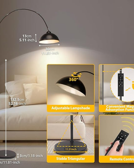 Black Arc Floor Lamp for Living Room, Dimmable LED Corner Floor Lamp with Remote Control, Modern Arch Standing Floor Lamp Curved (2700-6000K 9W LED Bulb Included - LeafyLoom