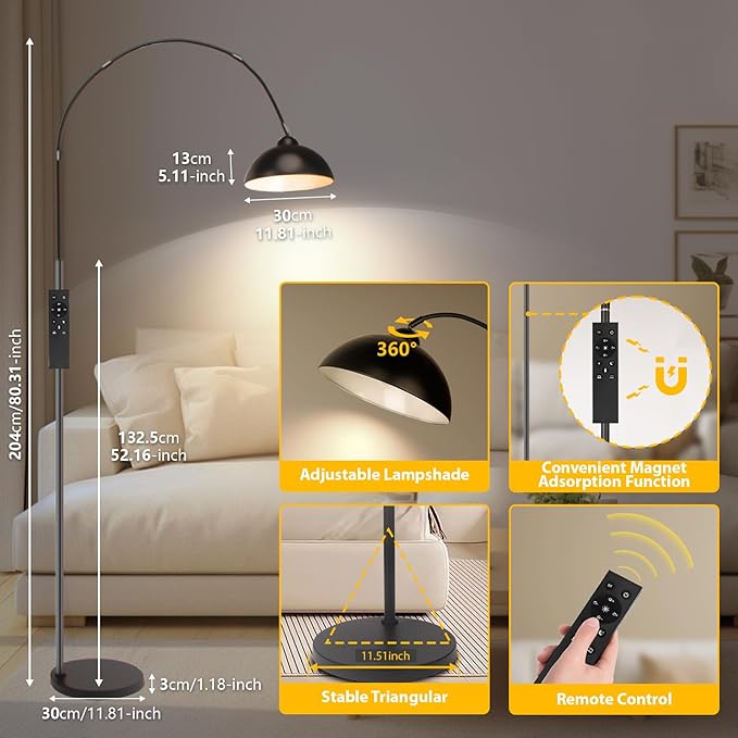 Black Arc Floor Lamp for Living Room, Dimmable LED Corner Floor Lamp with Remote Control, Modern Arch Standing Floor Lamp Curved (2700-6000K 9W LED Bulb Included - LeafyLoom
